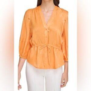 NEW Womens DKNY 3/4 Balloon Sleeve Button Front Blouse Polyester Orange